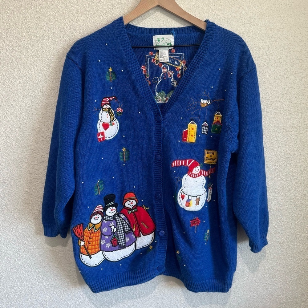 Quacker Factory Womens Embroidered Cardigan 1X Christmas Snowman‎ Birds Holiday
